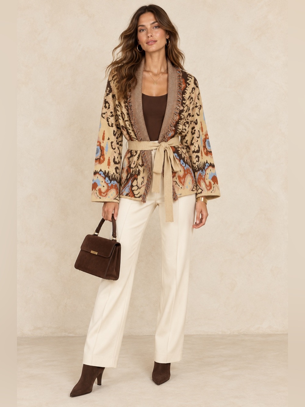 Made in Italy 🇮🇹 Knit Wrap Cardigan Sweater Animal Print Fringe Tie Belt Boho